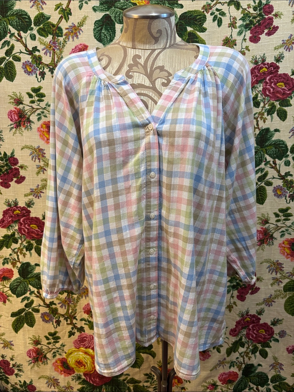 XL St.John's Bay Pastel Plaid Button-Front Blouse Top Soft Spring Gingham Colors